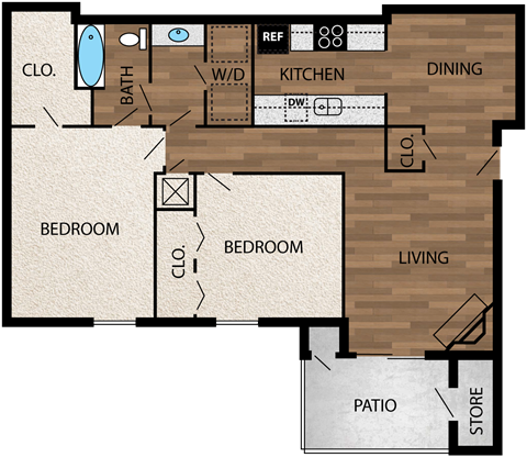 Our 950 square foot two bedroom floor plan